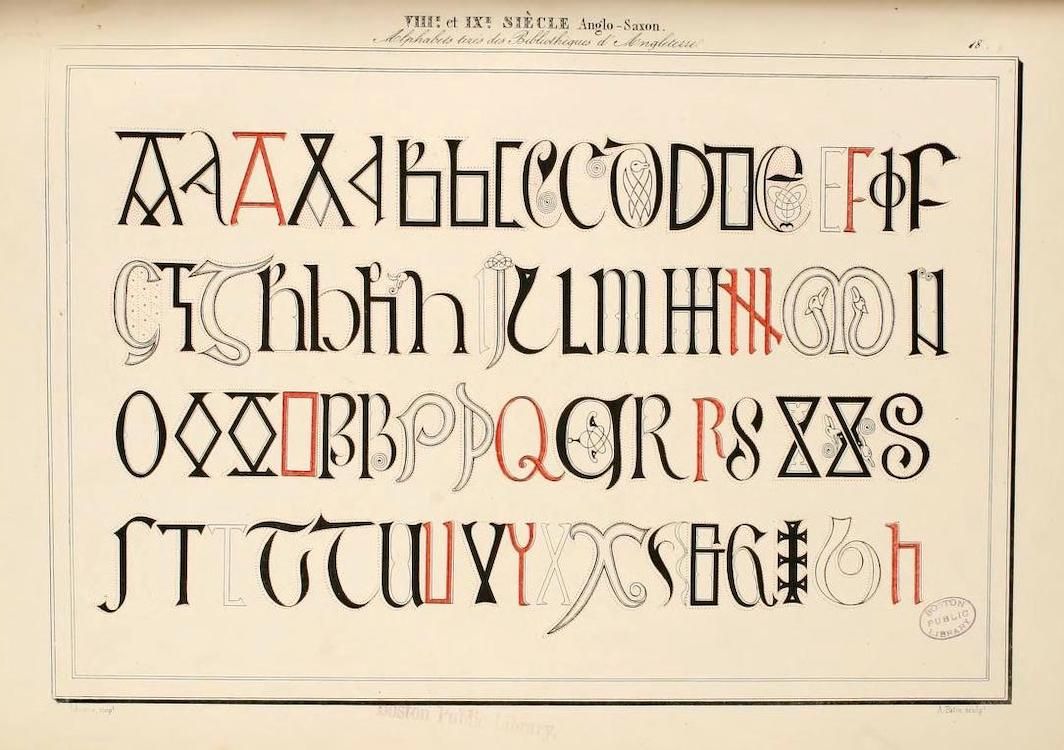 A page from an antique book displaying a full alphabet in a unique, ornate style.