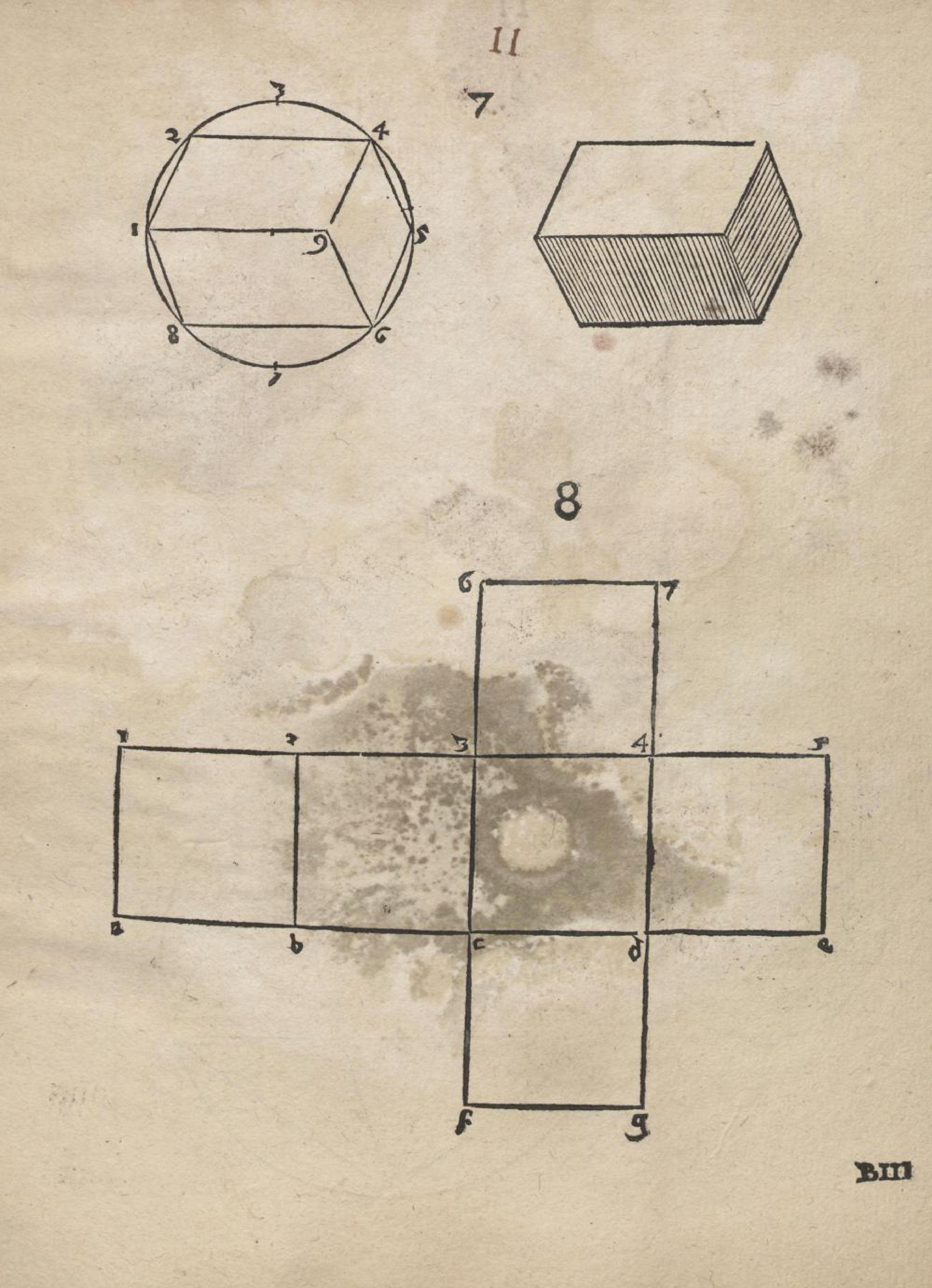 Vintage diagram with a heptagon, cube, and cube net.