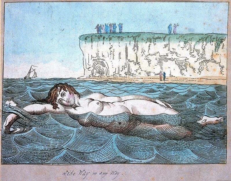 A hand-colored etching of a nude man floating face down in the water, with a cliff and onlookers in the background.