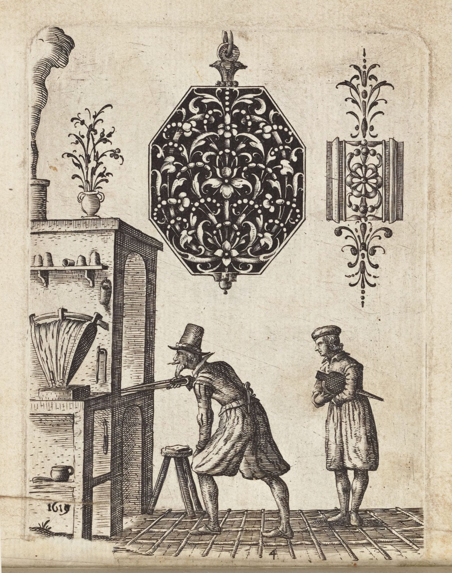A black and white engraving depicting a stove, chimney, and two men in a 17th-century setting.