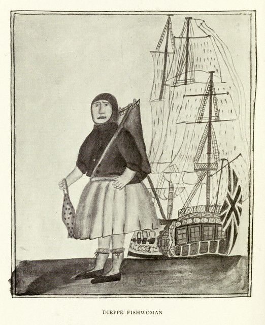 A black and white illustration of a Dieppe fishwoman standing in front of a ship.