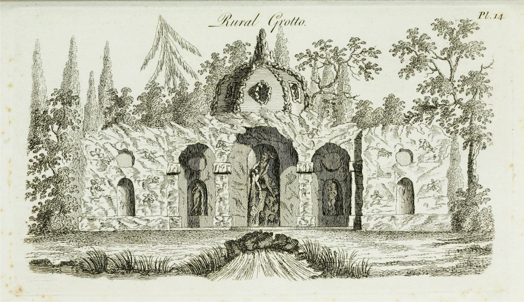 Vintage engraving of a rural grotto with arched openings, statues, and overgrown vegetation, set in a natural landscape.