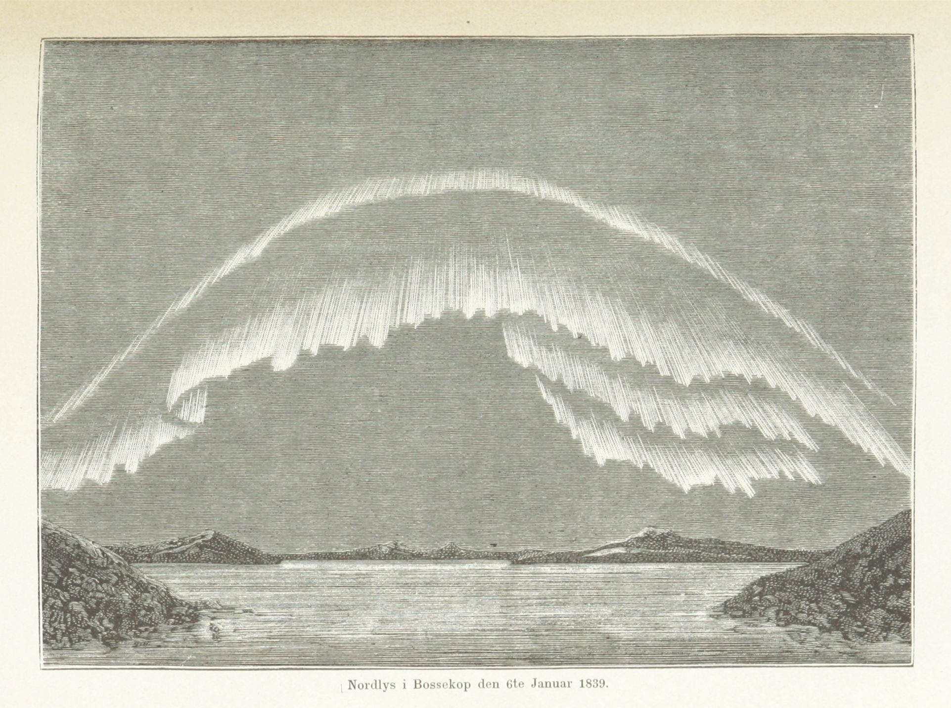 A vintage black and white illustration of an aurora borealis over a landscape with water and mountains. The aurora is a sweeping, arched band of light across the sky. The text at the bottom reads 'Nordlys i Bossekop den 6te Januar 1859'.