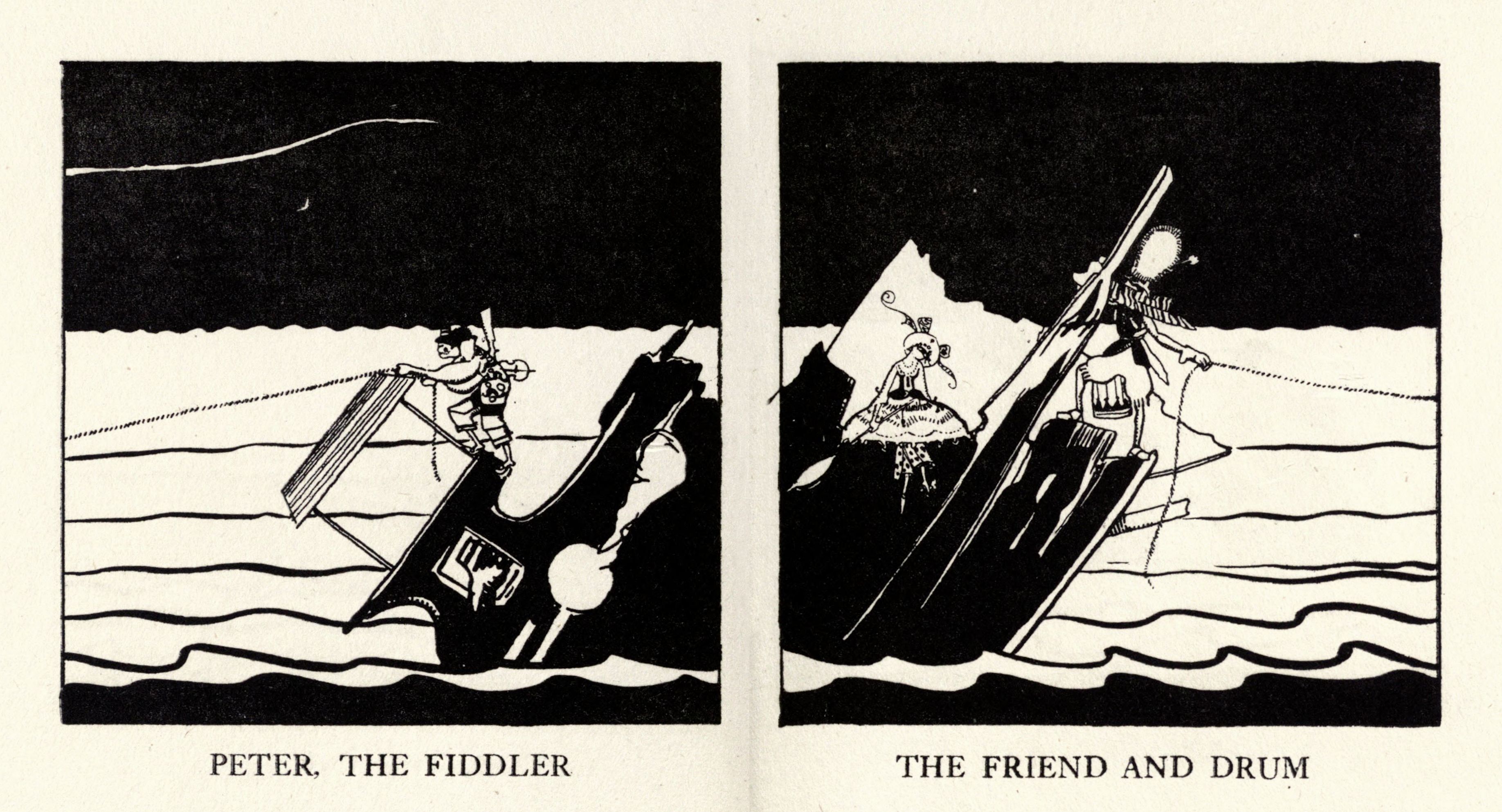 Two black and white panels depicting a person playing a fiddle and a drum on a sinking boat.