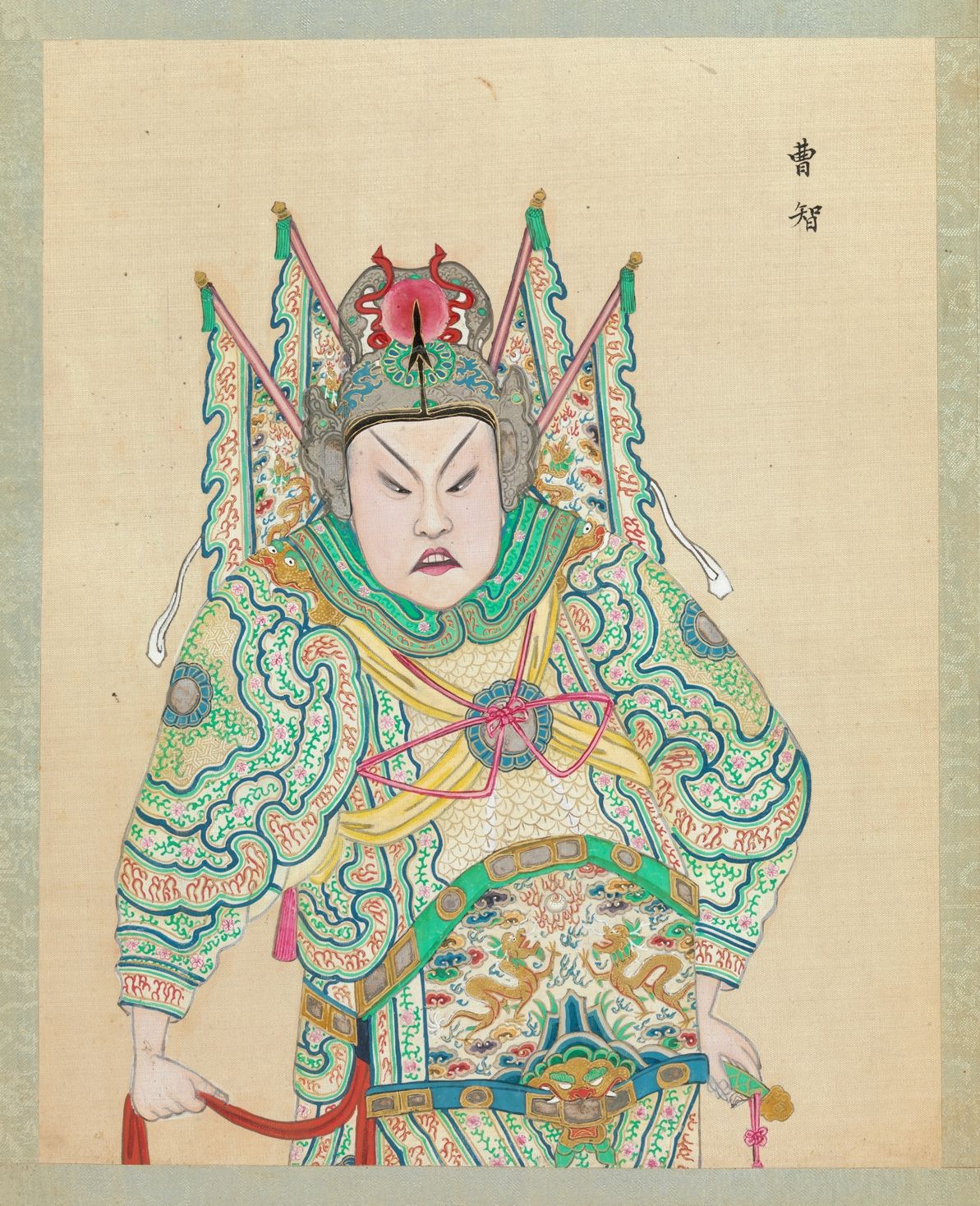 A vibrant and detailed painting of a figure in elaborate traditional Chinese armor with a fierce expression.