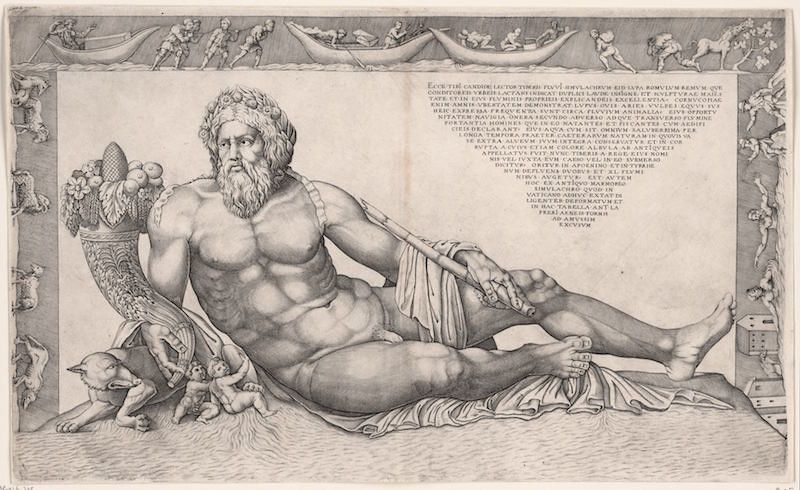 A black and white engraving of a reclining male figure, possibly Saturn or Father Time, with a long beard and hair, holding a staff, and a putto and lion nearby, framed by a decorative border.