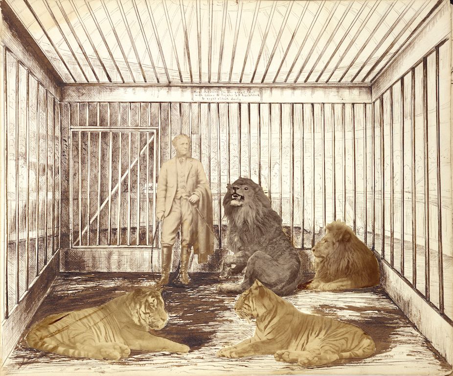 Sepia-toned image of a man standing inside a cage with several lions.