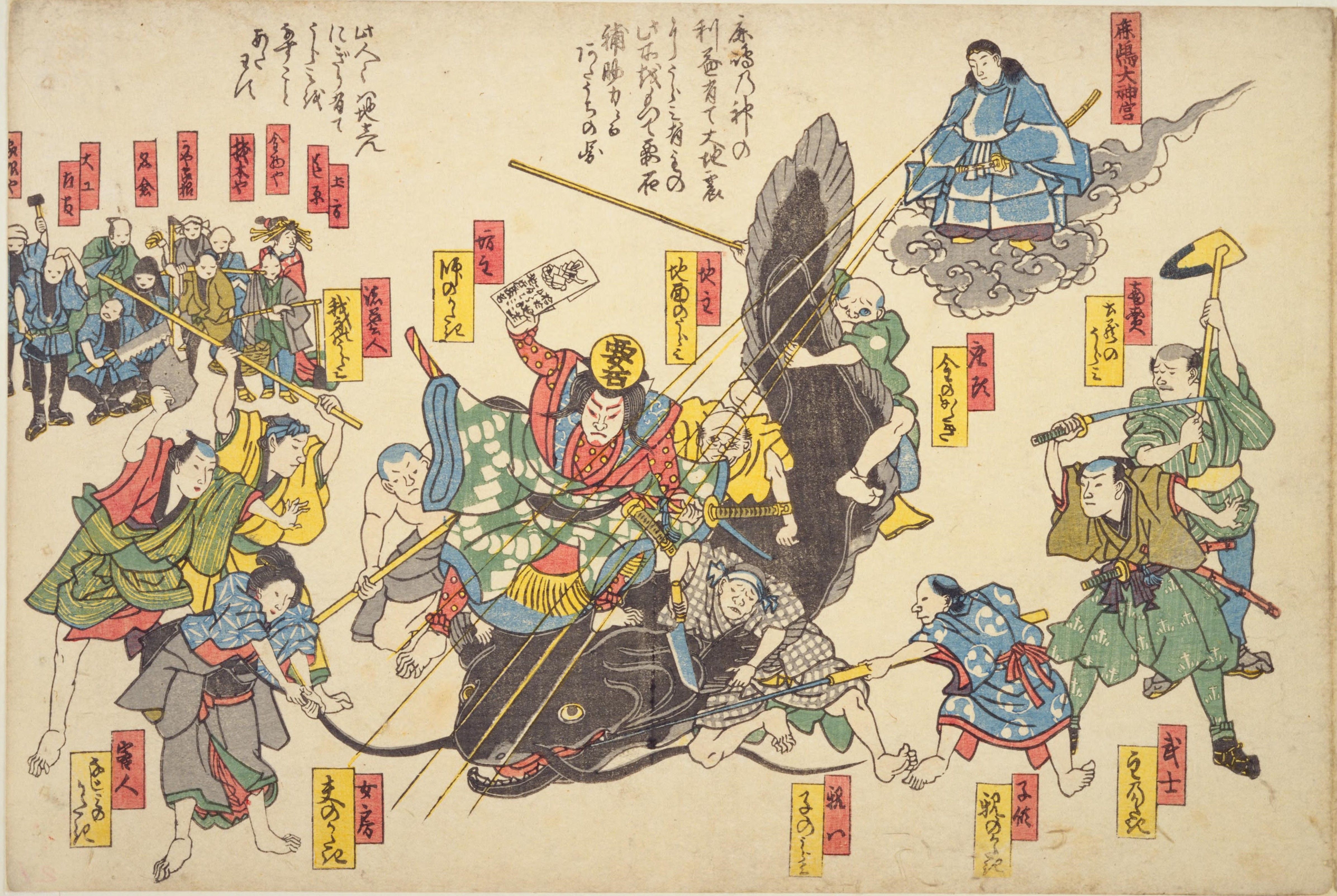 A vibrant, detailed woodblock print depicting a chaotic battle scene with a warrior on horseback as the central figure.