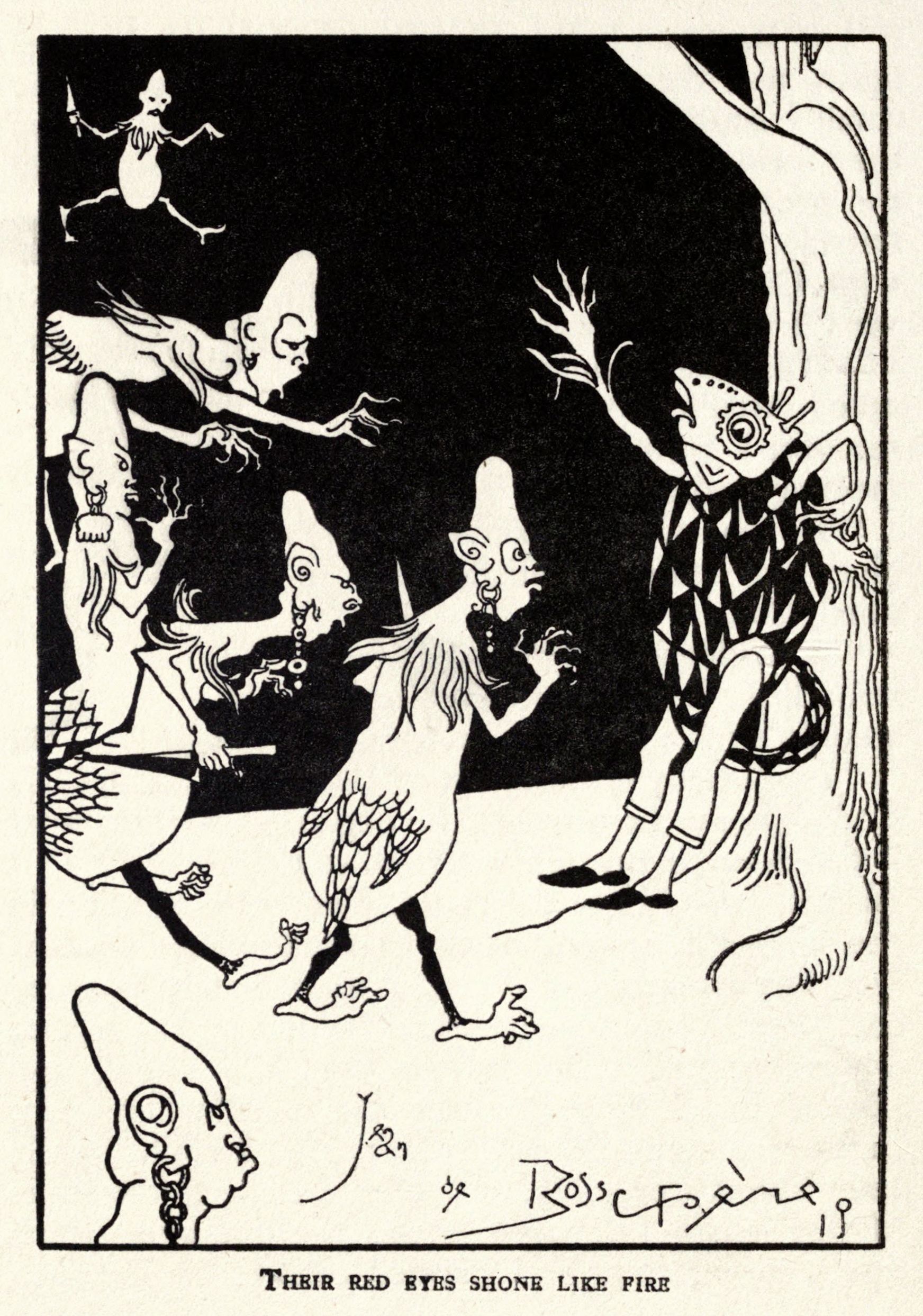 A vintage illustration of a group of fantastical creatures gathered around a tree, with a human face in the corner. The text 'Their Red Eyes Shone Like Fire' is written below.