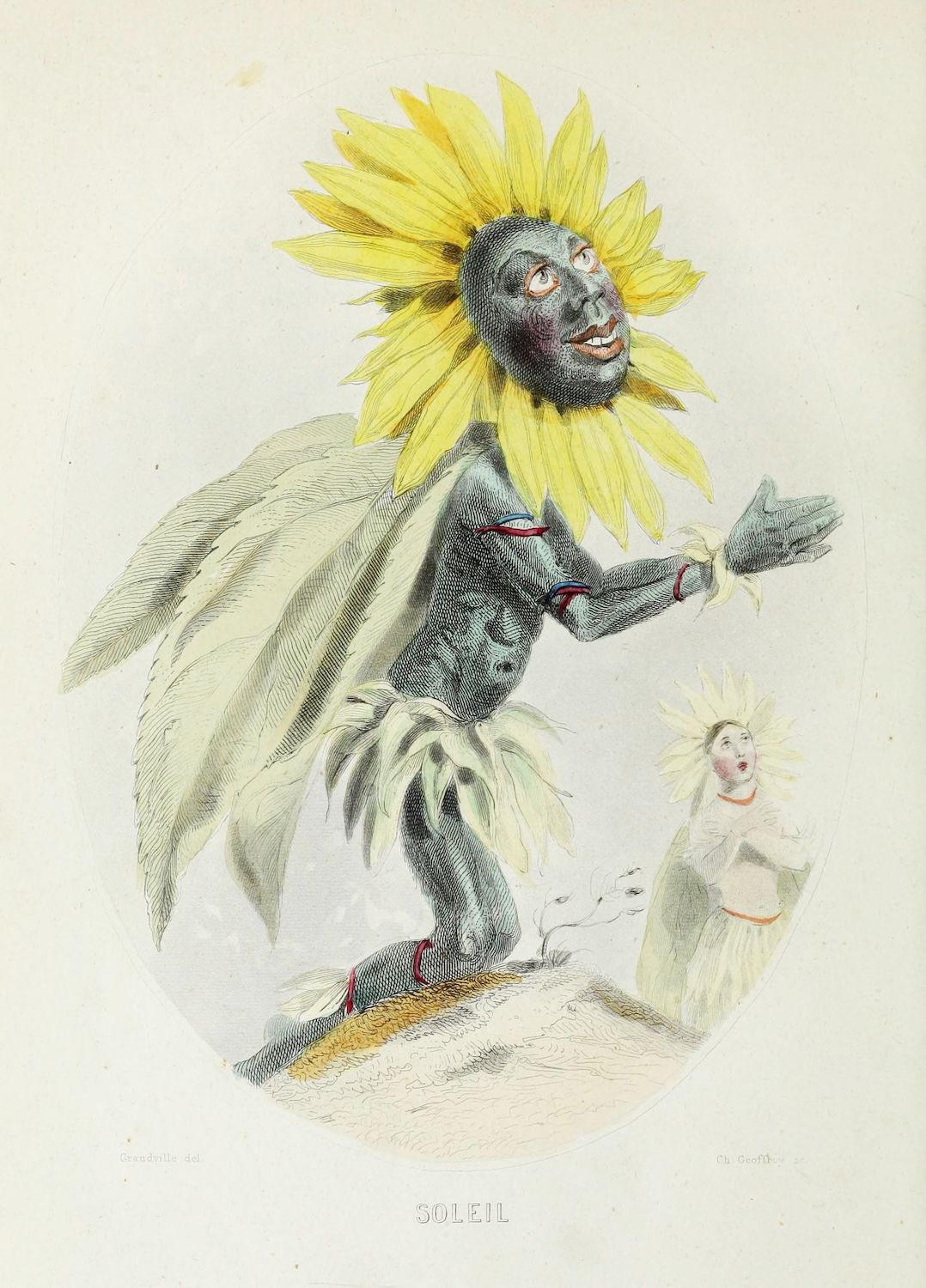 Vintage lithograph of a dark-skinned figure dressed as the sun, with a sunflower headdress, kneeling on a hill. A smaller figure of a woman with a halo stands in the background.