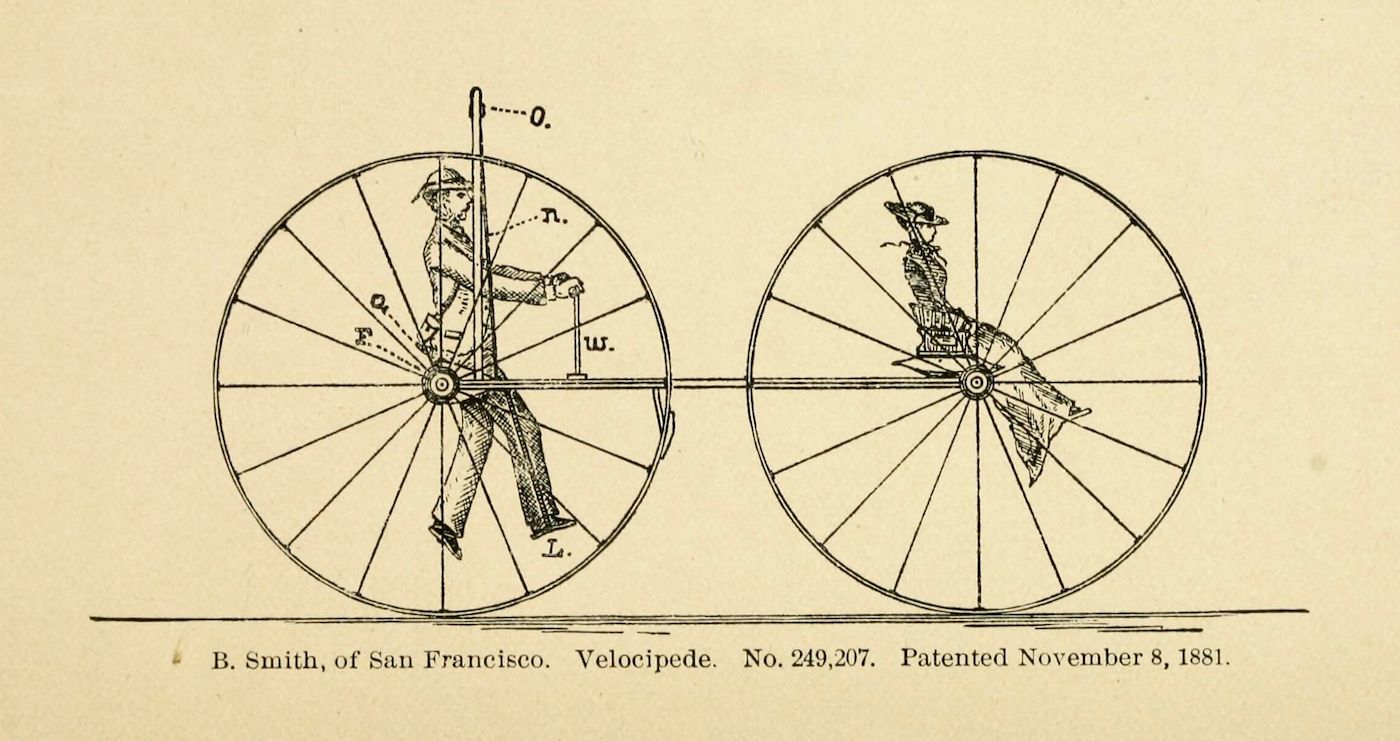 Vintage patent illustration of a velocipede bicycle with a large front and rear wheel, featuring a rider in a suit and hat.