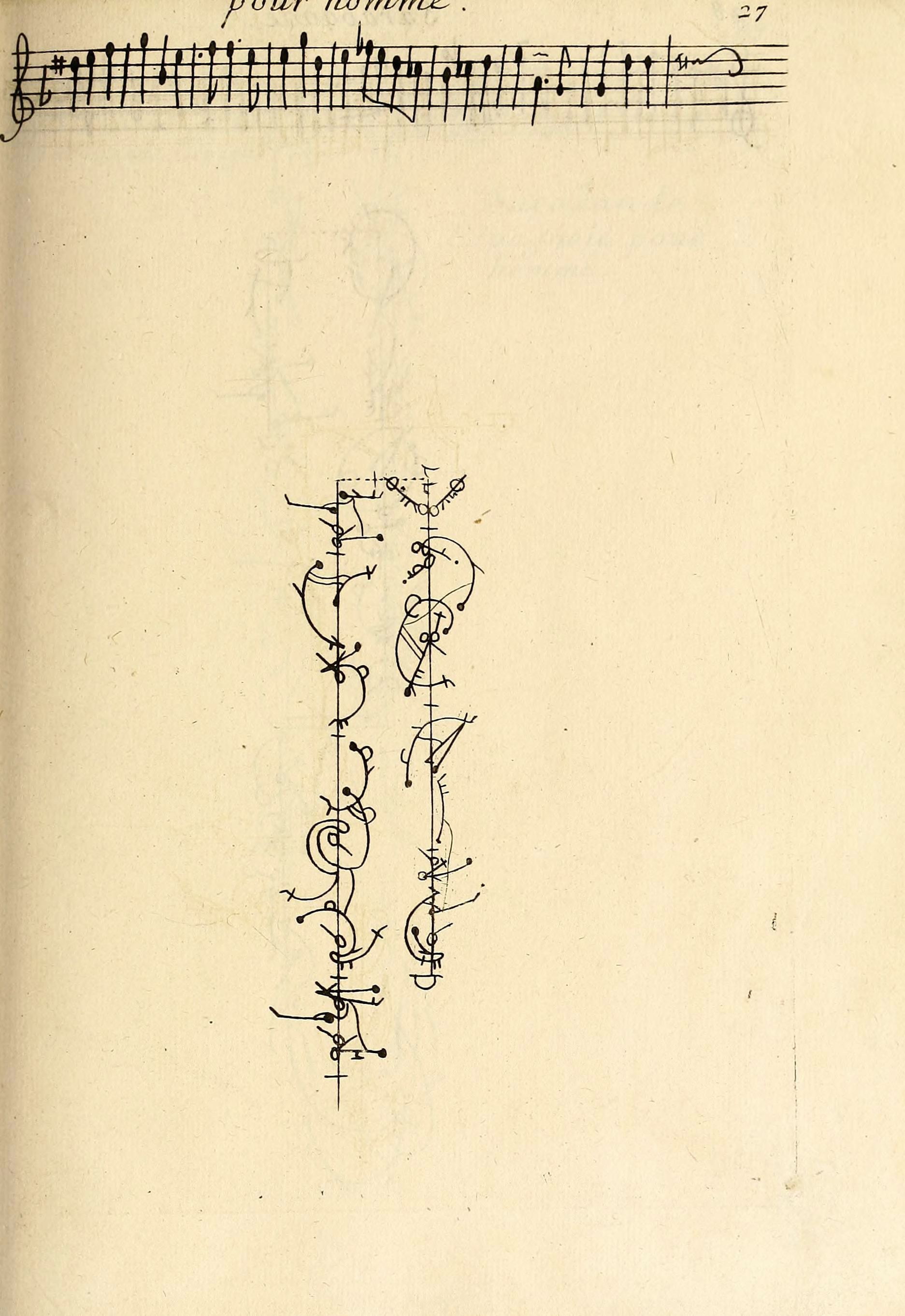 A page from a musical score with a complex abstract drawing below the musical notes.