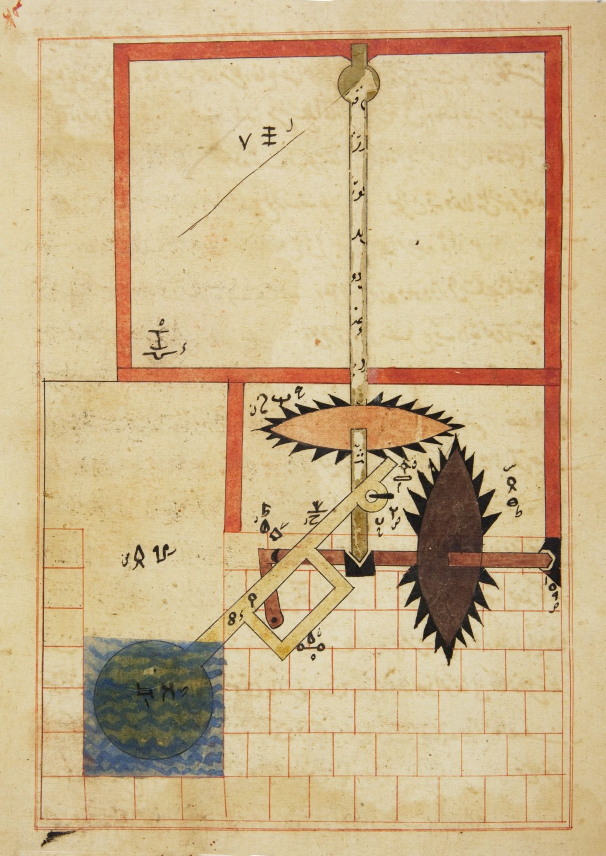 A detailed illustration from a historical manuscript depicting a complex mechanical device, possibly a water-lifting mechanism.