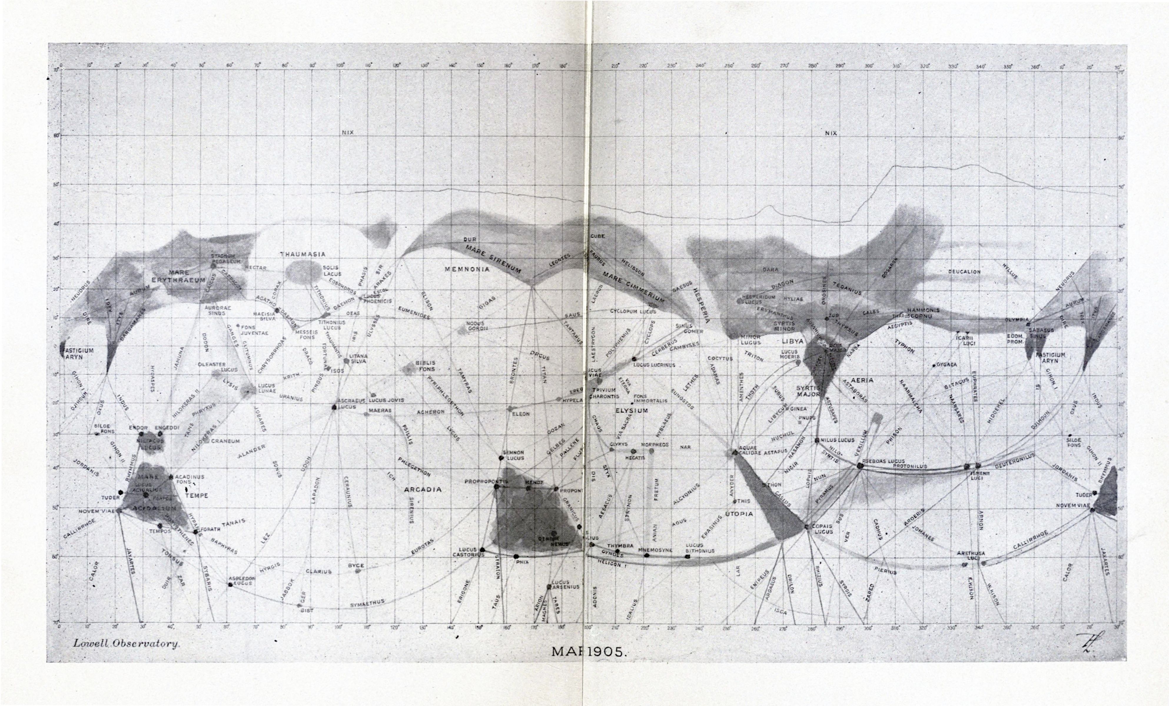 A vintage map of Mars from the Lowell Observatory, dated May 1905, showing a network of canals and labeled regions.