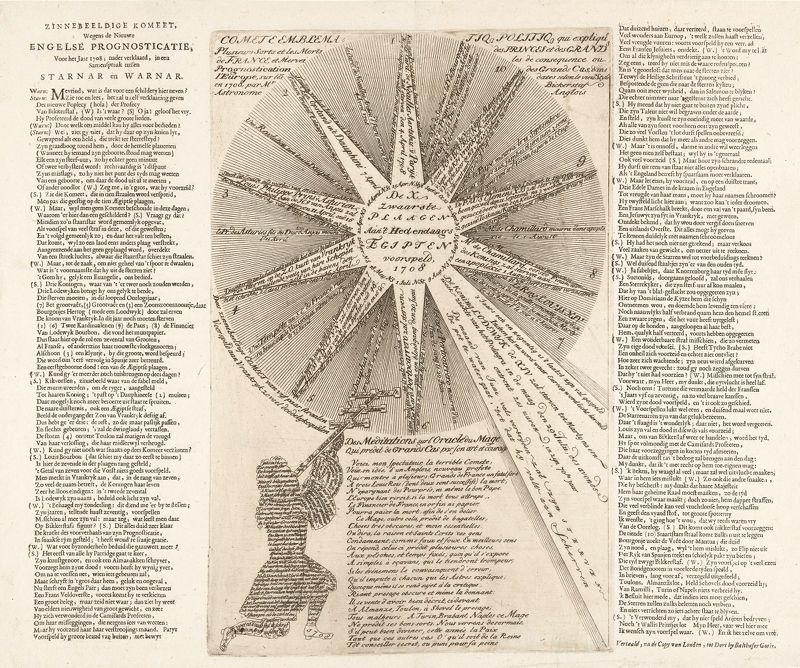 Antique astrological chart with a comet in the center, surrounded by planets, symbols, and dense text in Dutch or German.