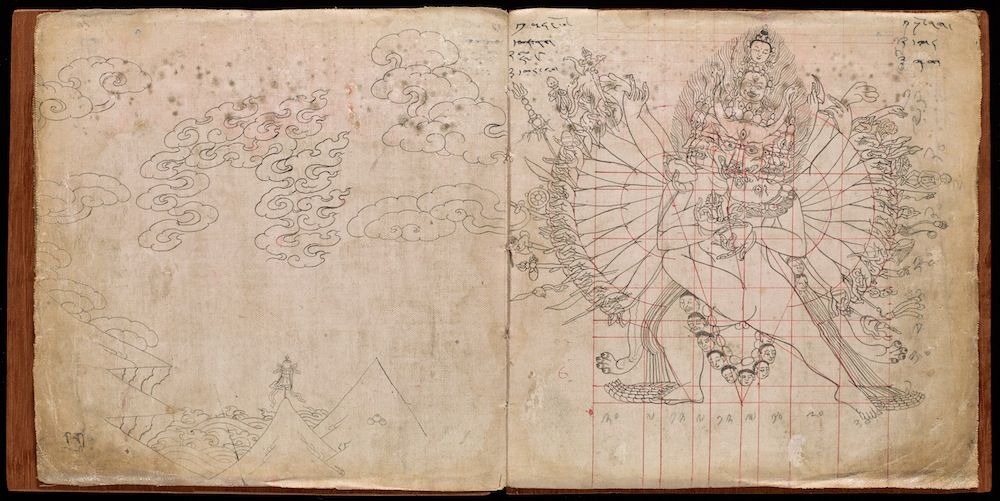 Open page from a book or manuscript with drawings of clouds, a small figure, and a multi-armed deity.