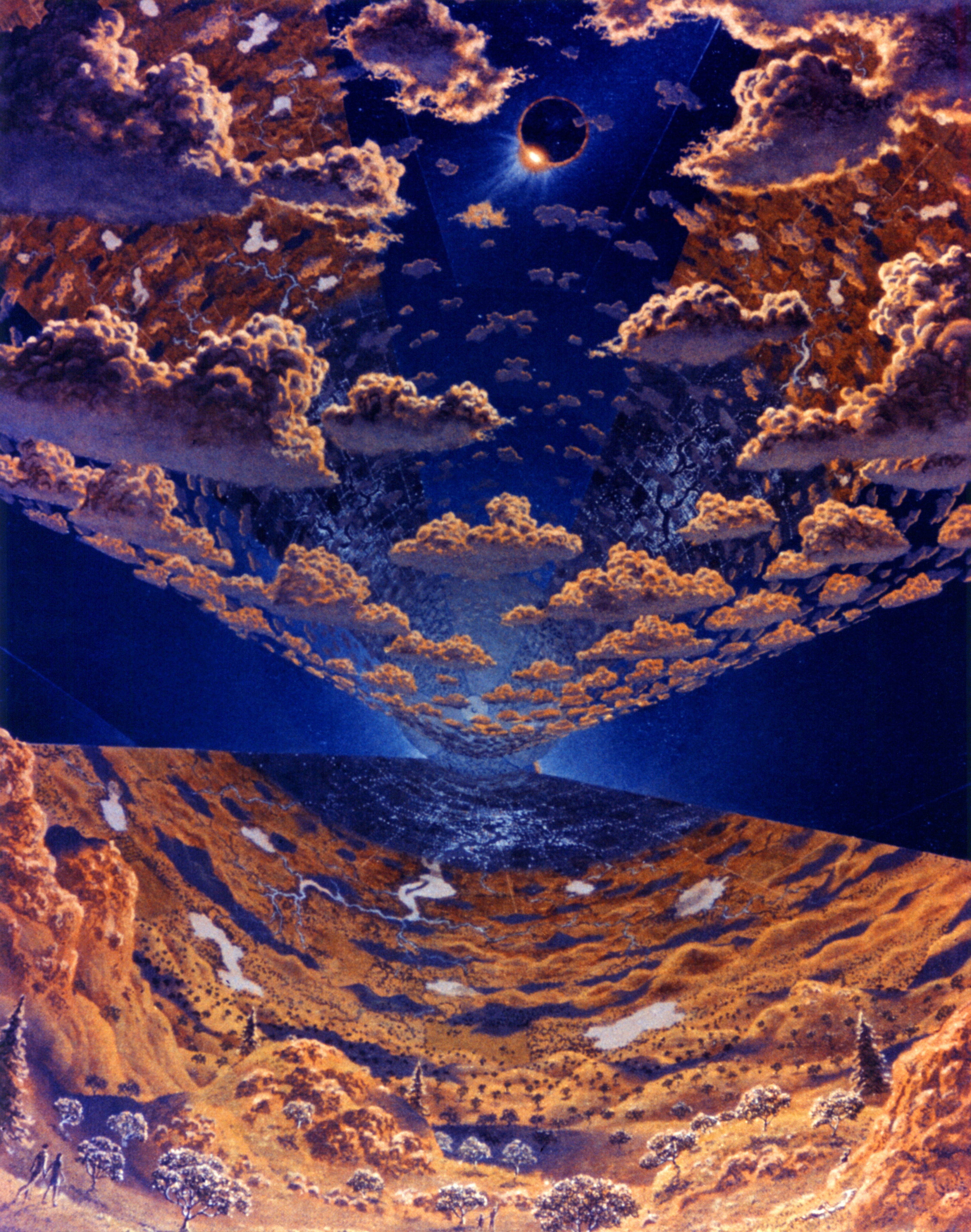 A painting of a landscape with a dramatic night sky and a partial solar eclipse.