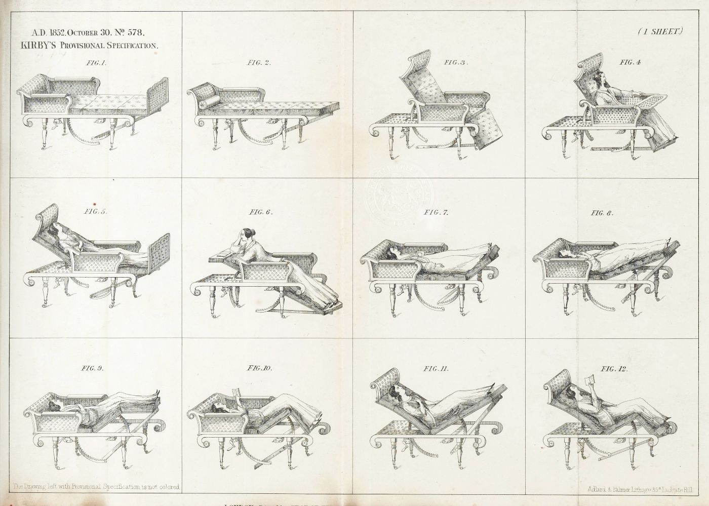 A technical drawing from 1852 showing twelve different configurations of a Victorian-era reclining chair or couch, with a person reclining in some of the diagrams.