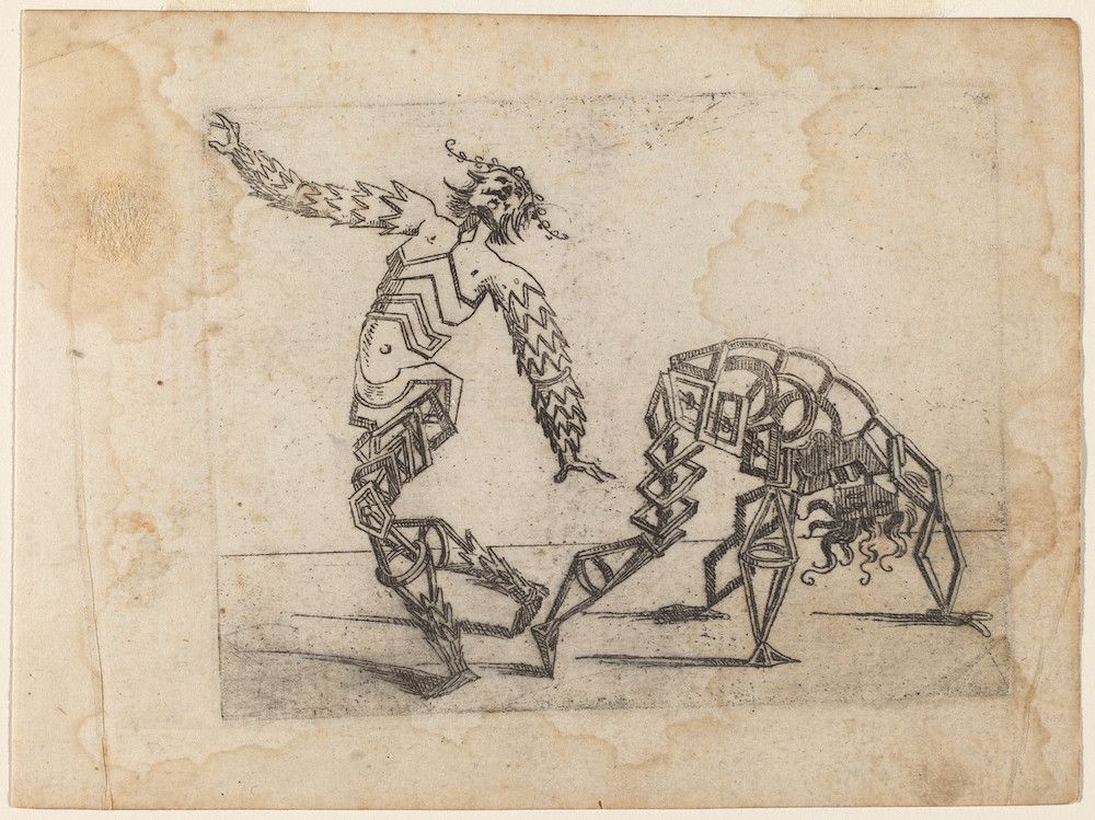 A black and white drawing on aged paper depicting two angular, segmented figures facing each other in a ritualistic or symbolic act.