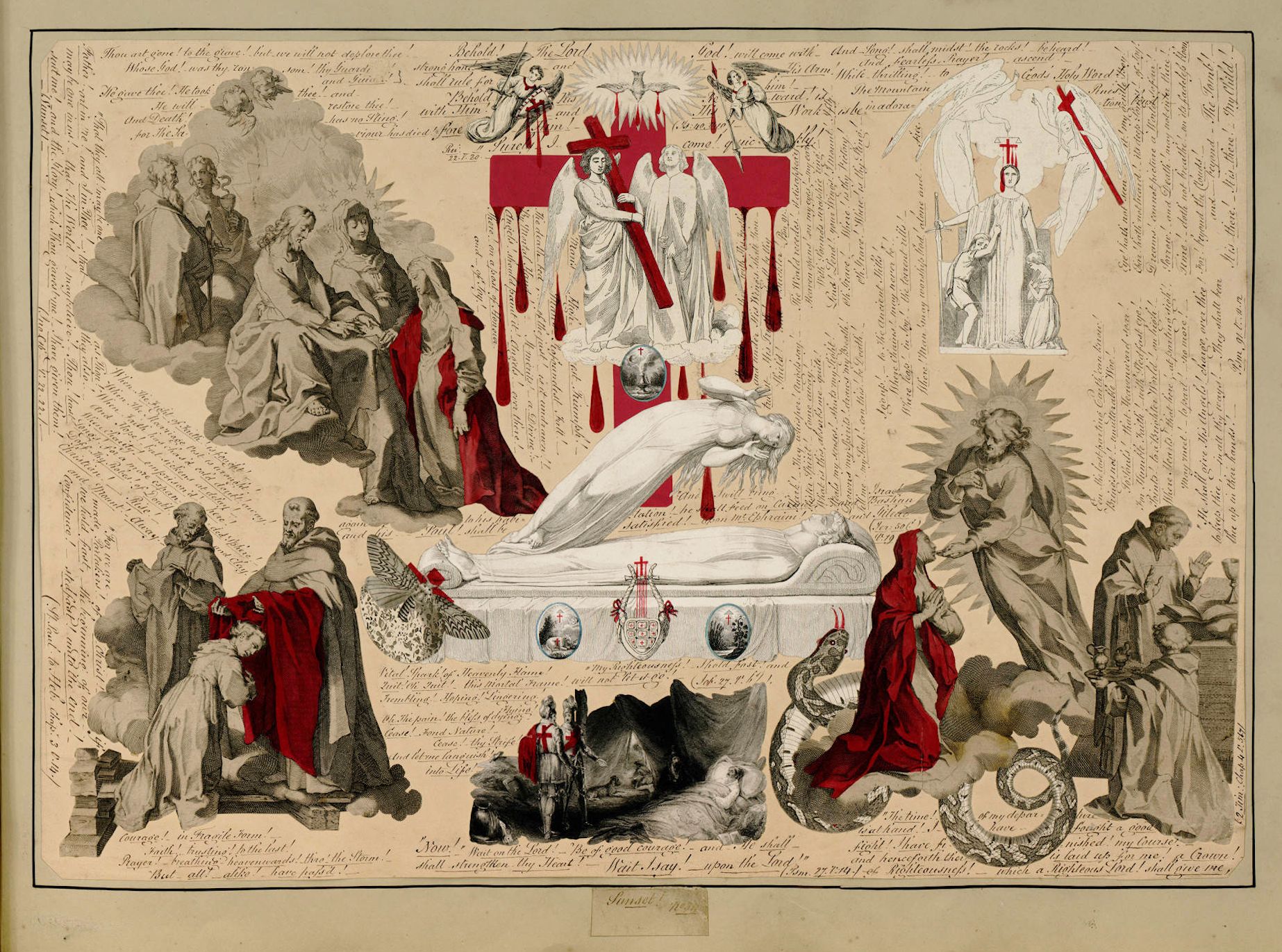A detailed 19th-century engraving depicting a complex allegorical scene with a reclining woman, surrounded by religious figures, symbols of sin and redemption, and dense text.
