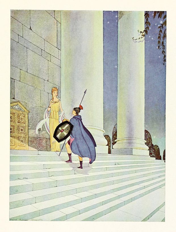 Illustration of a knight ascending a grand staircase towards a classical building with a woman standing at the top.