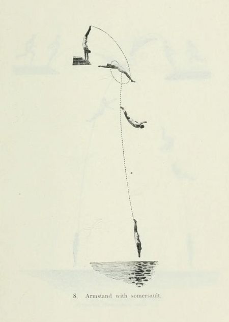 Vintage illustration of a gymnast performing an armstand somersault.
