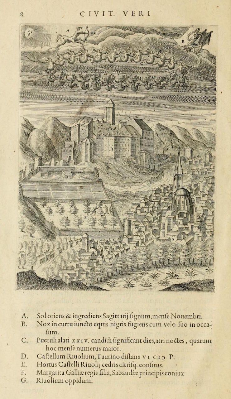 A detailed black and white engraving depicting a panoramic view of a city and surrounding landscape.