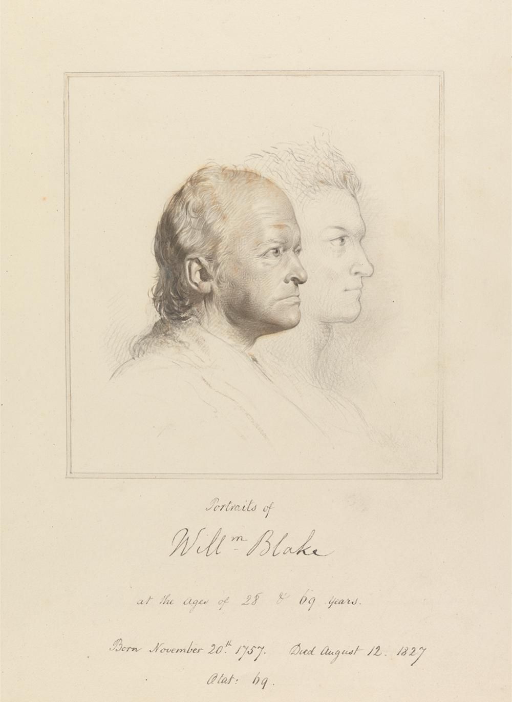 A sepia-toned drawing of William Blake at ages 23 and 69, with handwritten text below detailing his birth and death dates.