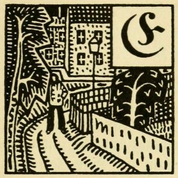 A black and white woodcut illustration of a medieval landscape with a castle and stylized trees.