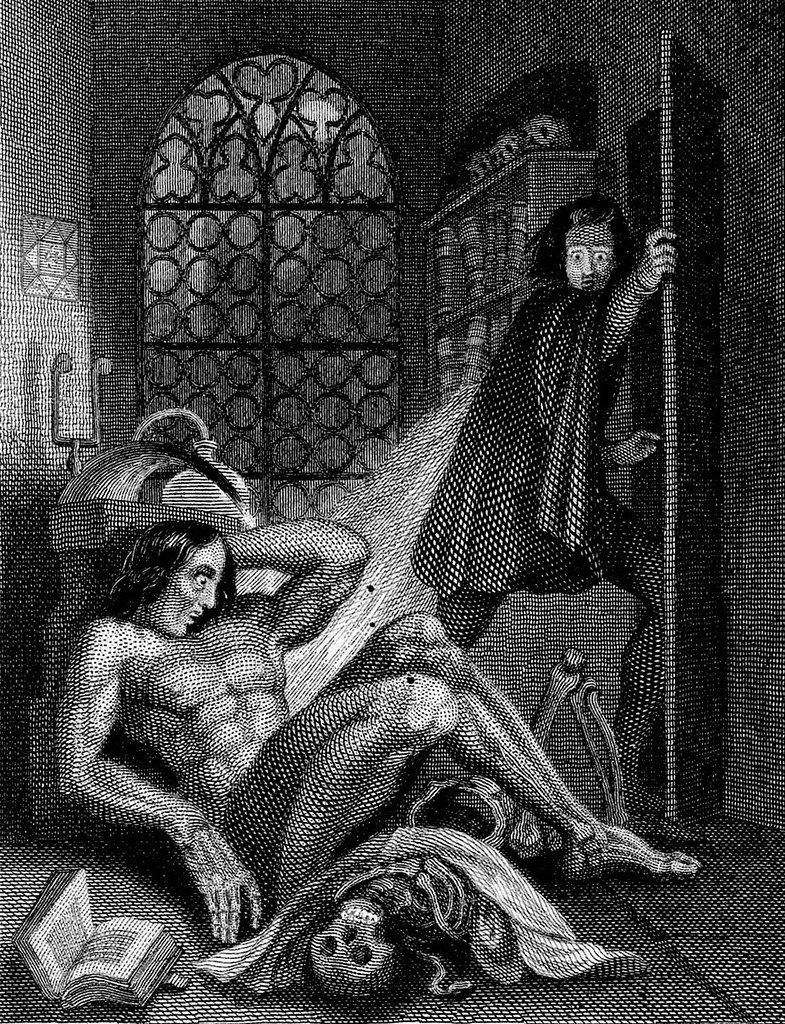 A black and white engraving depicting a nude man struggling with a skeletal figure, with a monk observing from a ladder and a Gothic window in the background.