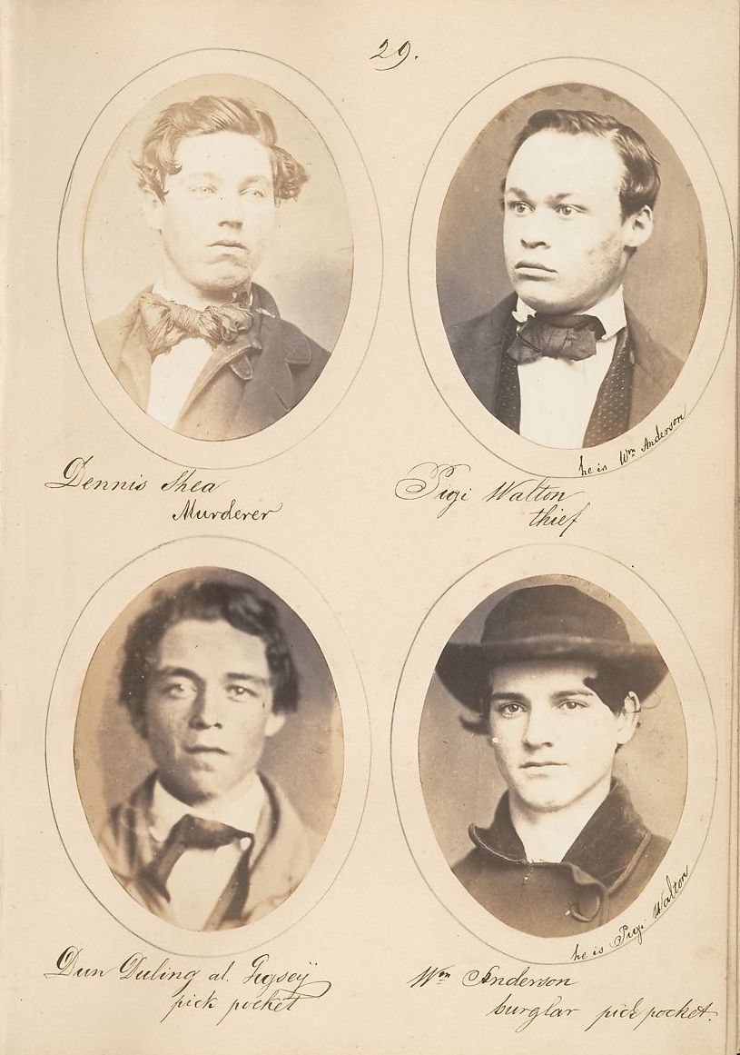 Four oval portraits of men and boys labeled as criminals, arranged in a grid on a cream background.