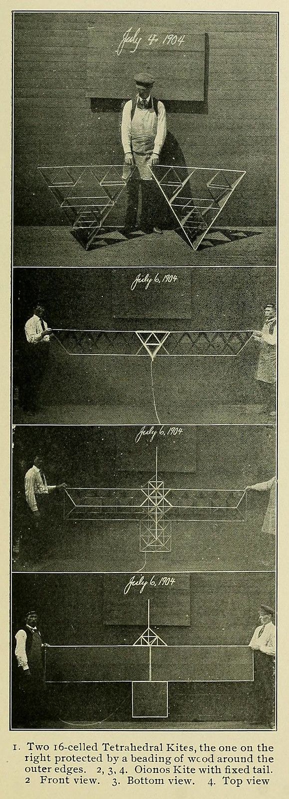 A composite image of a man flying a complex, geometric kite and diagrams illustrating its structure.