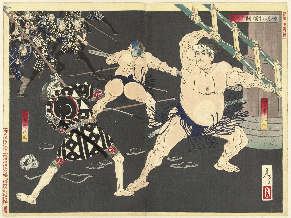 A vibrant woodblock print depicting a sumo wrestling match with two wrestlers in action and a crowd of spectators in the background.