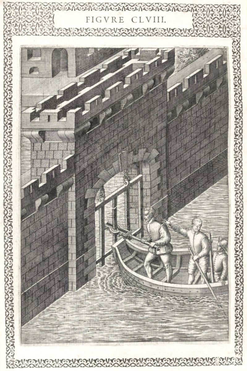 A black and white engraving of a canal lock with a boat and men inside.