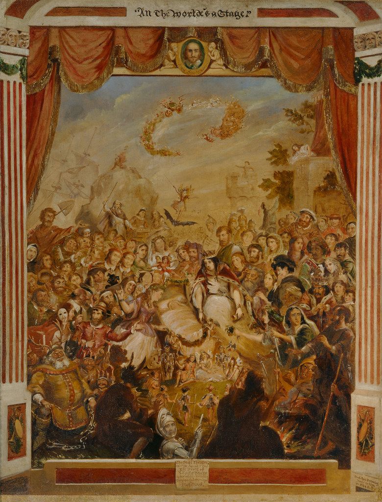 A painting depicting a theatrical performance with a crowded stage and a large audience.