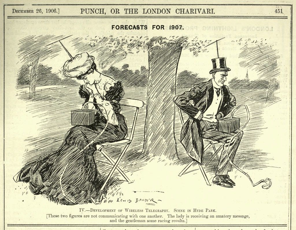 A black and white cartoon from "Punch, or the London Charivari" depicting a woman receiving a wireless telegraph message while a man reads a newspaper in Hyde Park.