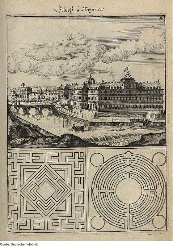 Vintage black and white engraving of a palace complex with a bridge, water, and landscape, and two geometric maze patterns below.