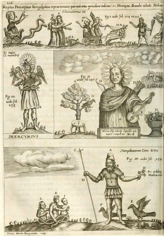 A detailed black and white engraving with multiple scenes and figures, including chariots, angels, trees, and classical figures. The image is divided into three main sections, each with its own distinct imagery and labels.