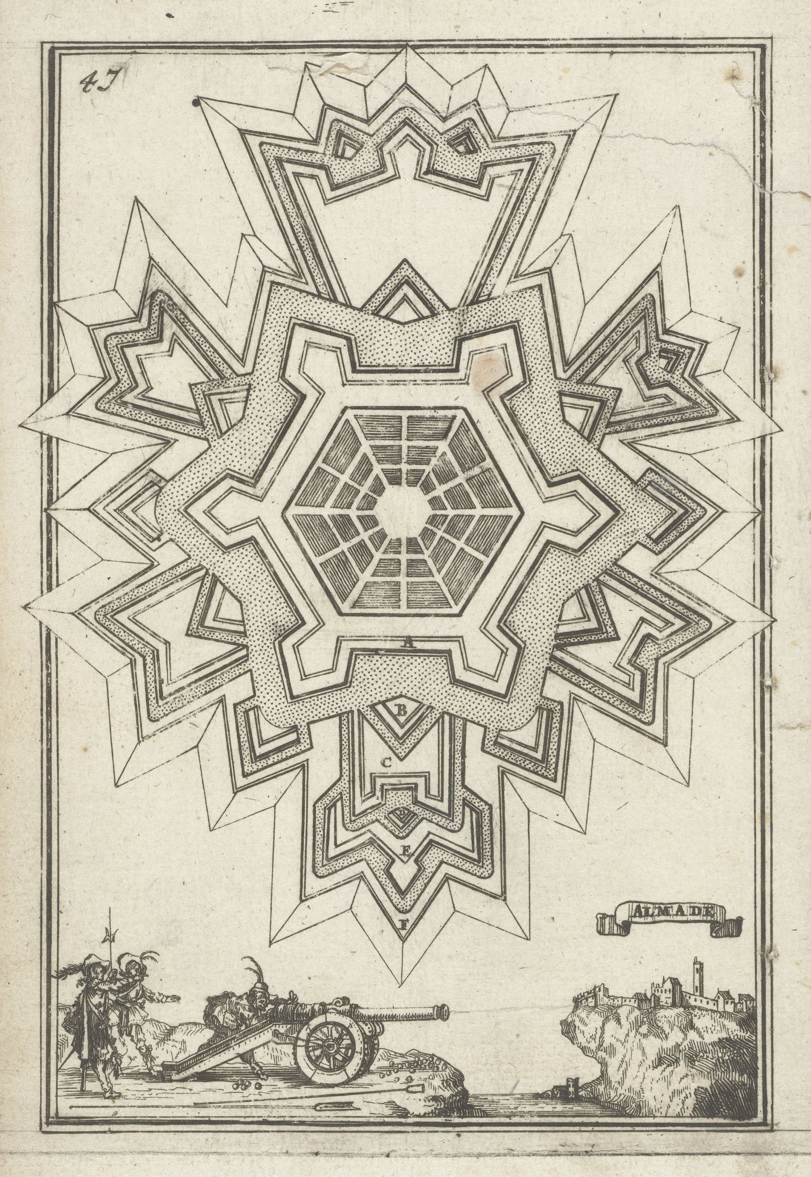 A detailed black and white engraving of a star-shaped fort, a cannon, a soldier, and a city landscape.