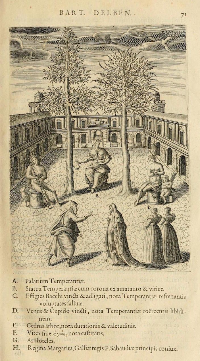 A detailed black and white engraving depicting a classical garden with a central statue of Temperance and several mythological figures.