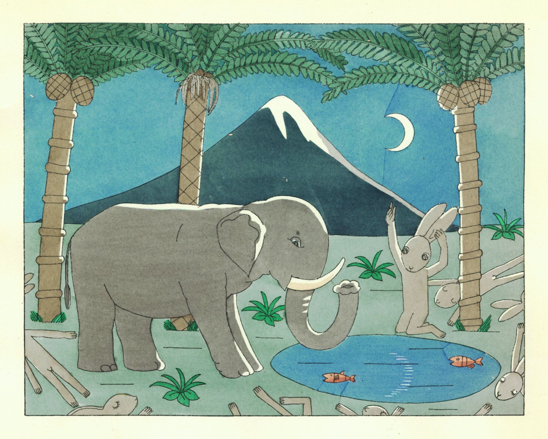 A vintage-style illustration of an elephant interacting with rabbits near a pond, with a mountain and moon in the background.