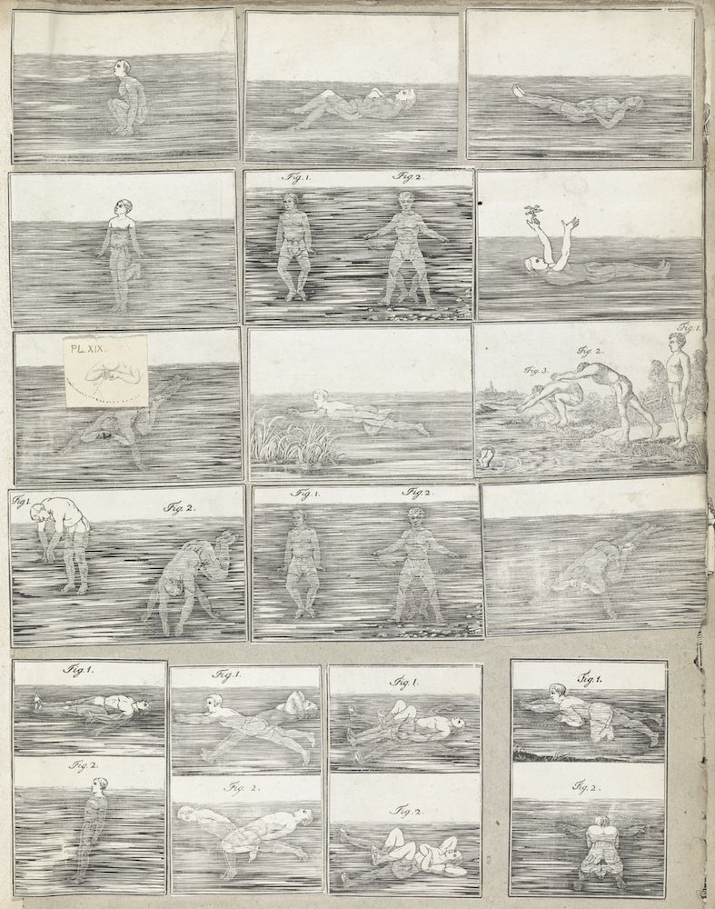 A vintage illustration depicting a series of panels showing a person demonstrating different swimming strokes.