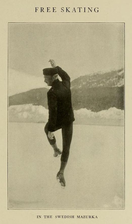 Vintage photograph of a figure skater performing a jump on ice, labeled 'FREE SKATING' and 'IN THE SWEDISH MAZURKA'.
