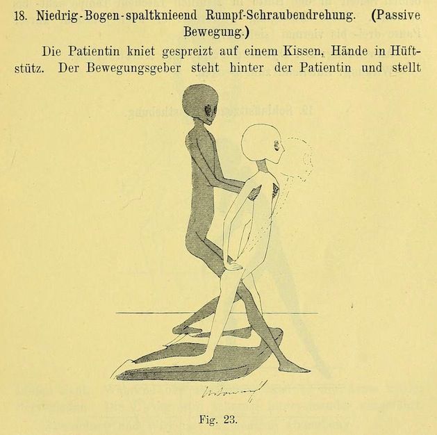 Vintage medical illustration of a skeletal figure kneeling on a pillow, with another skeletal figure assisting with a passive movement exercise.