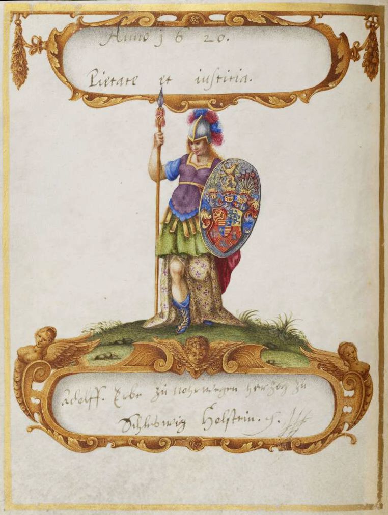A detailed illustration of a fully armored knight standing on a grassy patch, holding a spear and shield with a coat of arms. The image is framed by an ornate, gilded border and includes handwritten text on scrolls above and below the knight.