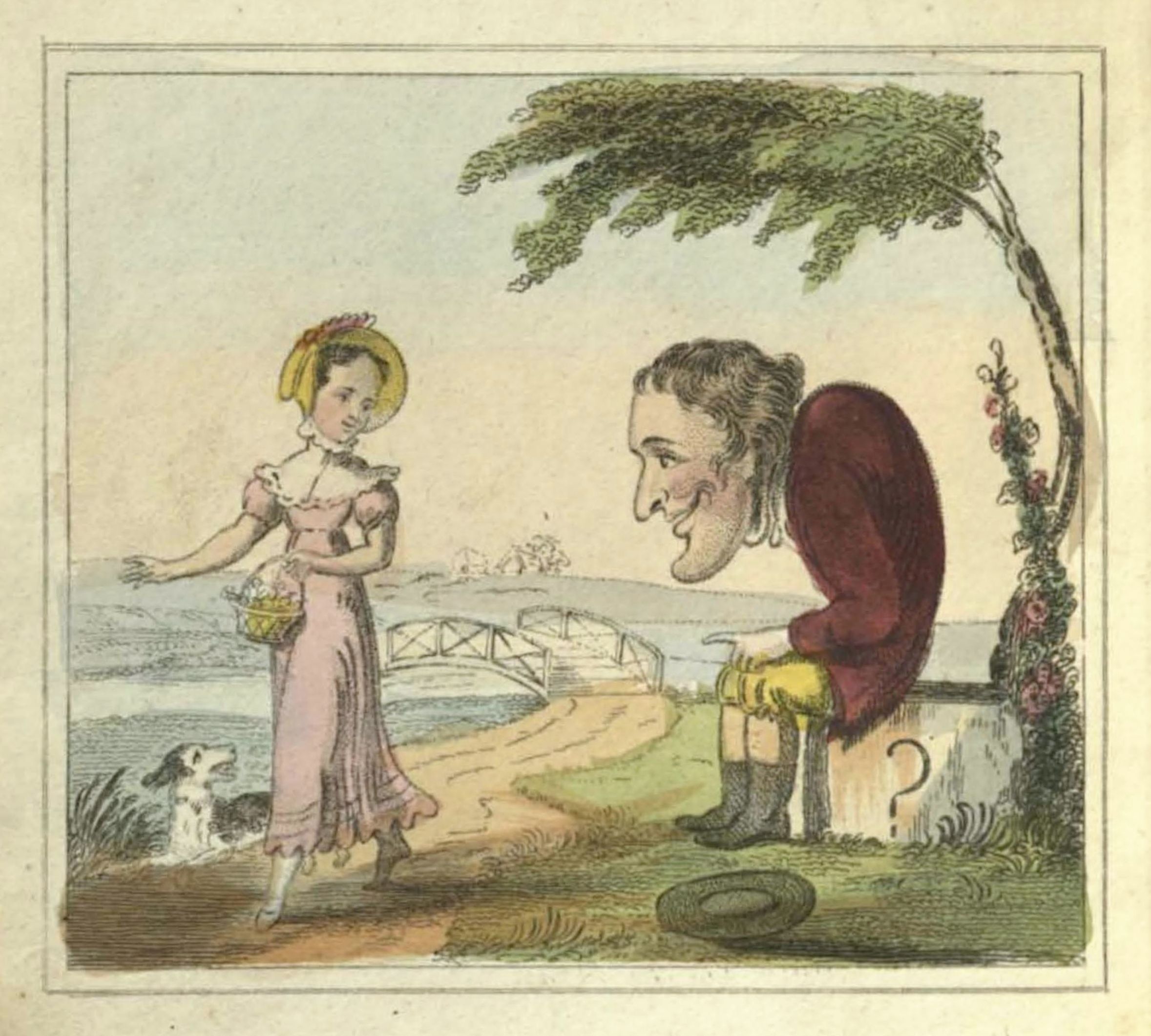 A vintage illustration of a woman approaching a man with a giant head, with dogs running nearby and a question mark carved into a stone structure.