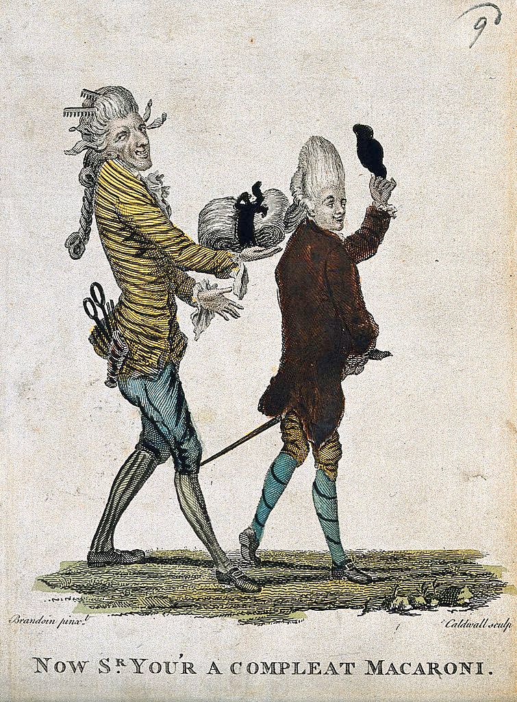 A hand-colored etching from 1772 titled 'Now Sir, Your a Compleat Macaroni.' It depicts two men in exaggerated, fashionable attire of the time, known as 'macaronis.'