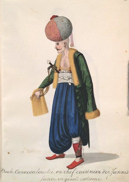 Watercolor painting of a man in traditional Ottoman clothing, identified as the chief cook of the Janissaries.