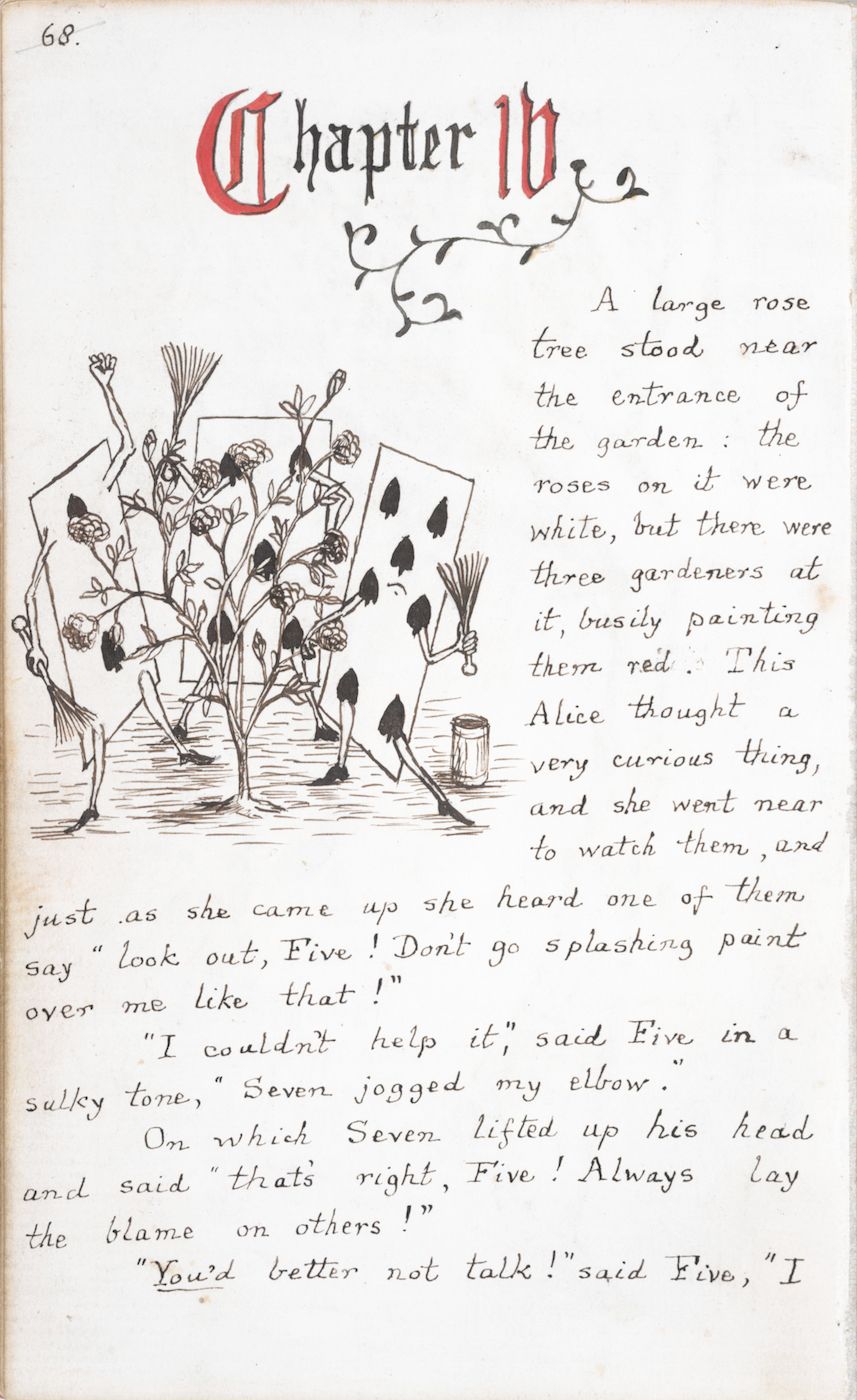 A vintage book page with an illustration of Alice in Wonderland watching card-suit gardeners paint white roses red.