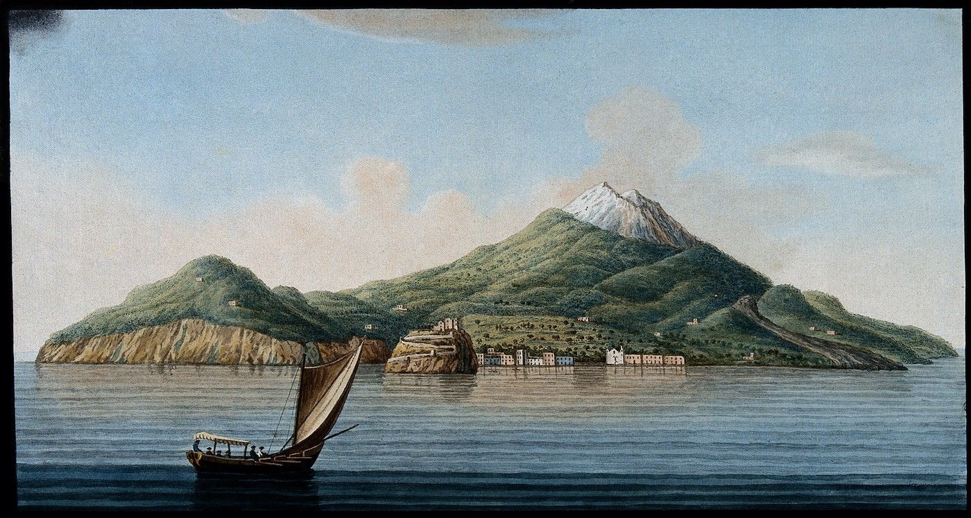 A painting of a coastal landscape with a sailboat, a green island, and a snow-capped mountain.